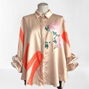 Italian Made Satin Floral Print Oversized Blouse M/L